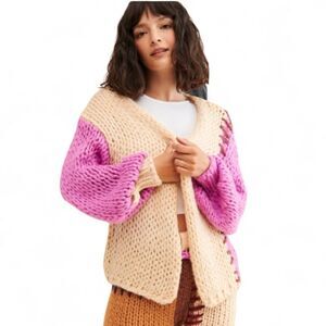 SAACHI Chunky Knit Oversized Colorblock Cardigan Sweater